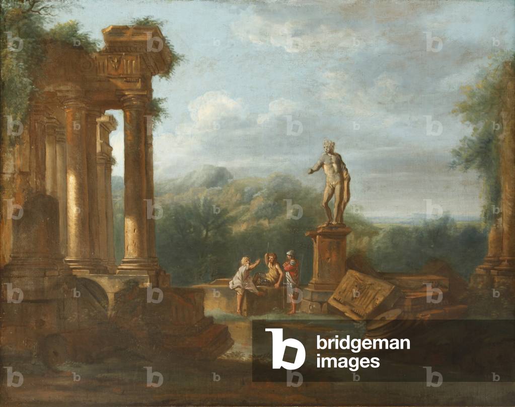 A Capriccio Landscape with Soldiers conversing beneath Classical Ruins