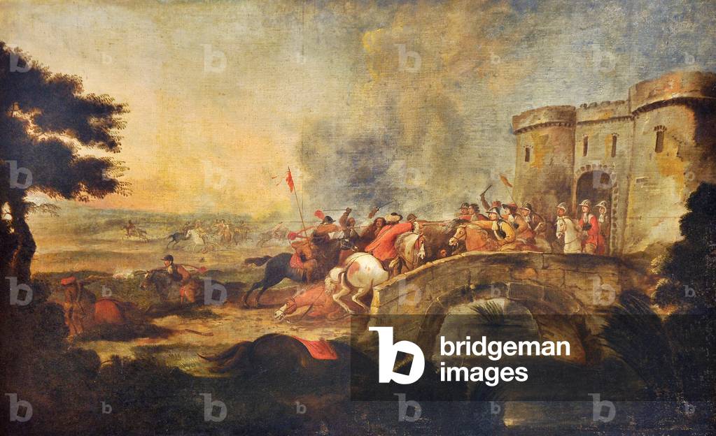 One of Four Battle Scenes: An Engagement on a Bridge outside a Fort