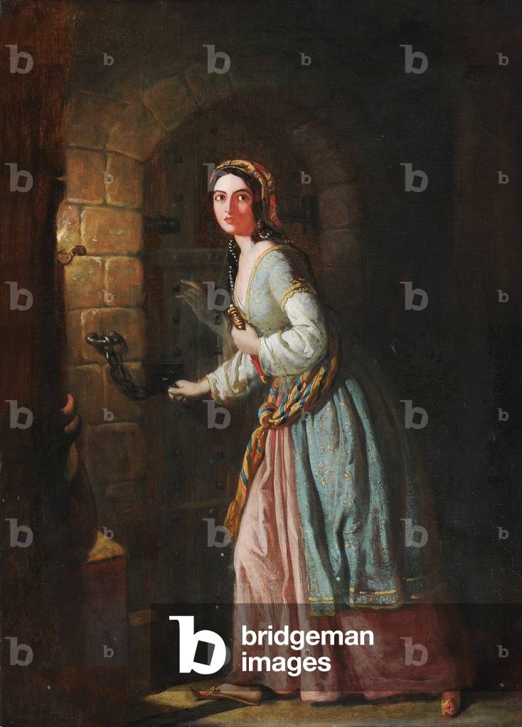 A Lady in Oriental/Turkish Dress in a Dungeon with a Dagger (an Actress?)
