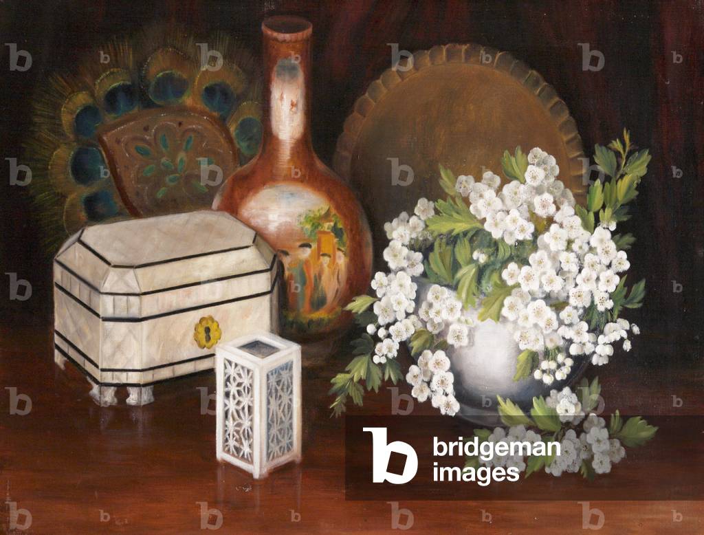 White Flowers, Bottle and Casket (oil on canvas)