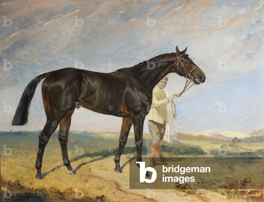 Columcille, a Bay Racehorse, held by a Groom in a Landscape