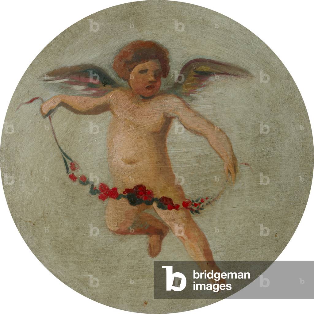 Putto flying with a Garland of Flowers, 1960s (oil on canvas)