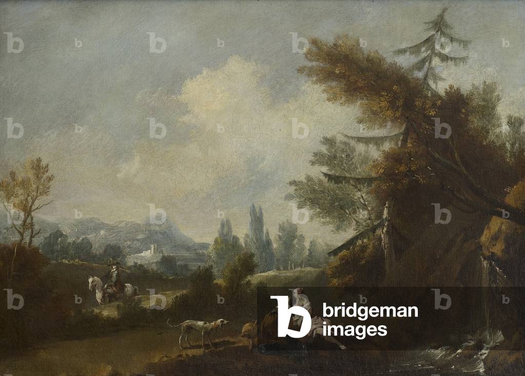 Hilly Landscape with two Country Women and a Dog by a Small Waterfall and a Rider on a Road