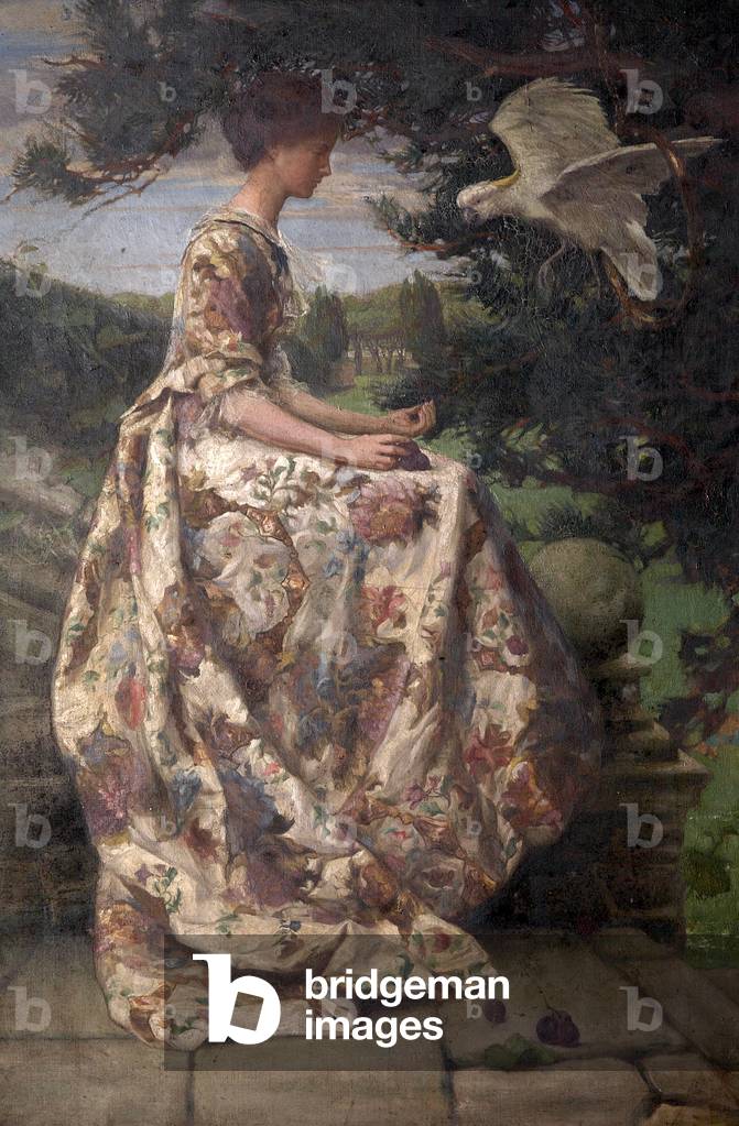 Young Woman (Phyllis Woolner b. 1875) on a Terrace giving Grapes to a Cockatoo