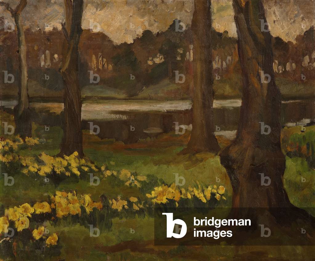 Lakeside Scene with Daffodils, possibly the Lake at Mount Stewart (oil on canvas)