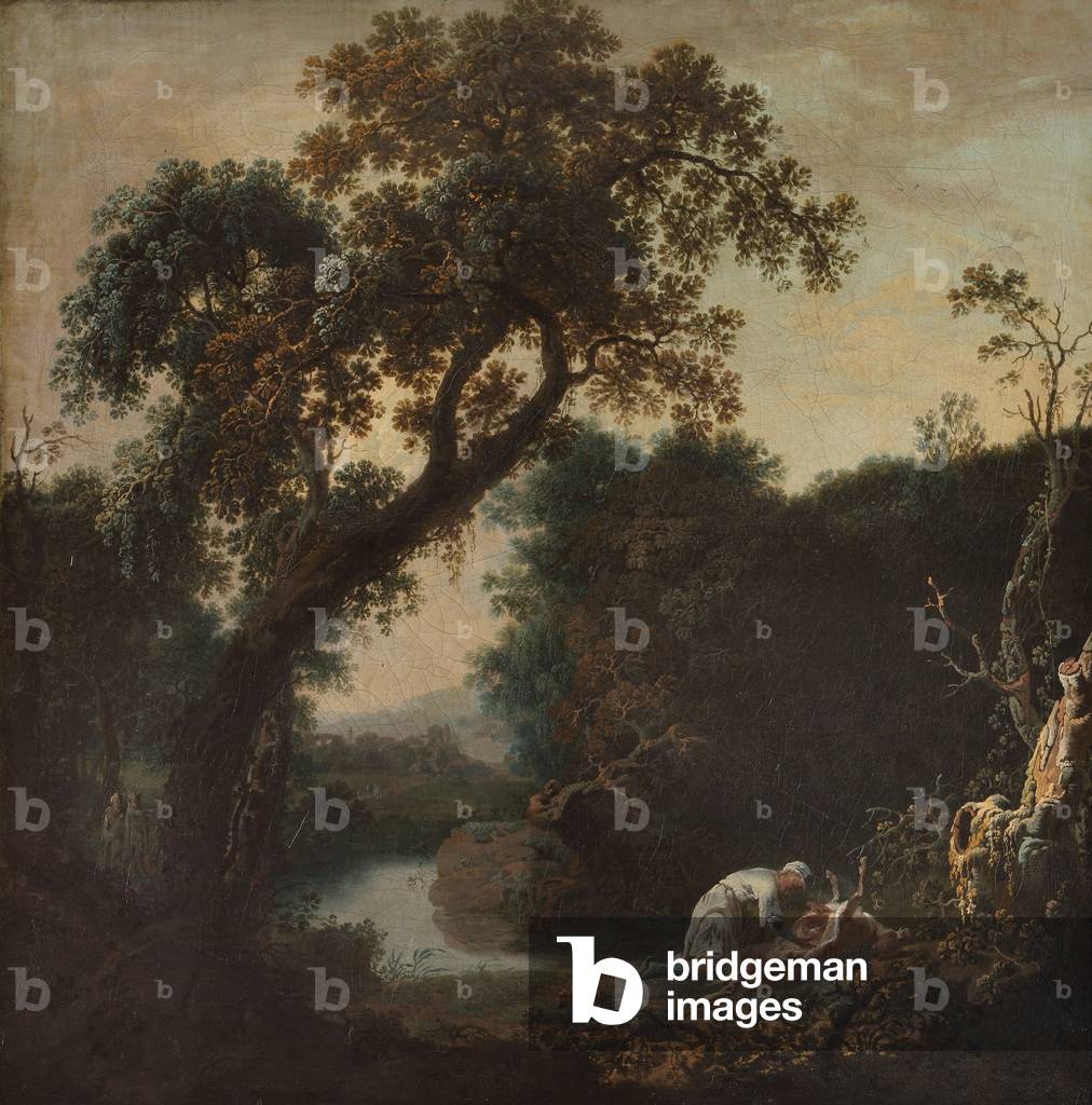 A River Landscape, with a Man observed gralloching a Deer