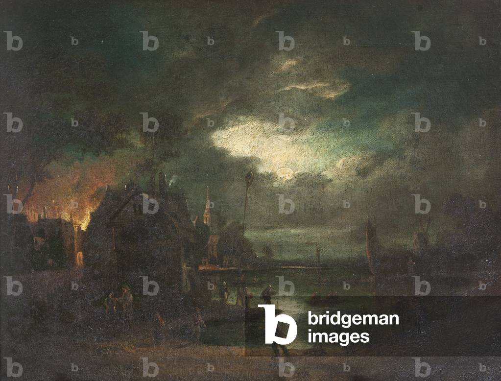 Moonlit River Scene with a Building on Fire (oil on canvas)