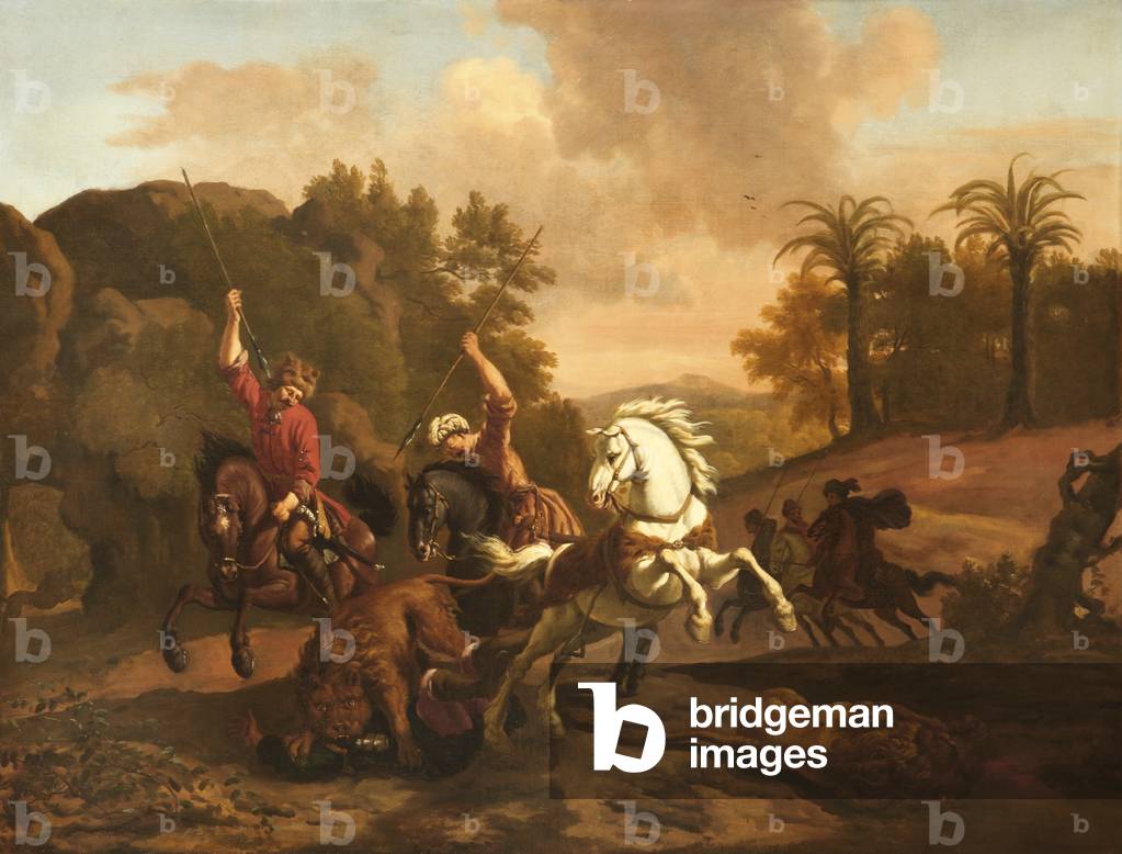 Orientals spearing a Lion devouring a Fallen Rider, with a Dead Lion and other Horsemen