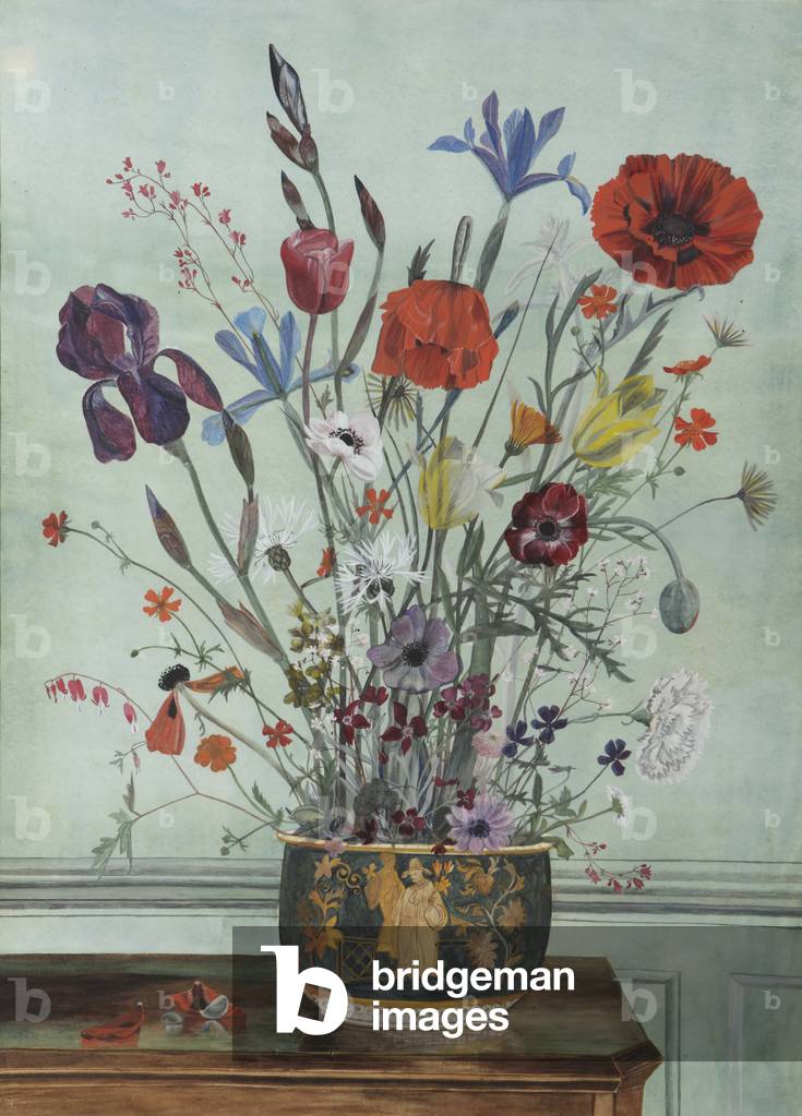 Poppies, an Iris and Other Flowers in a Bowl (tempera on canvas)