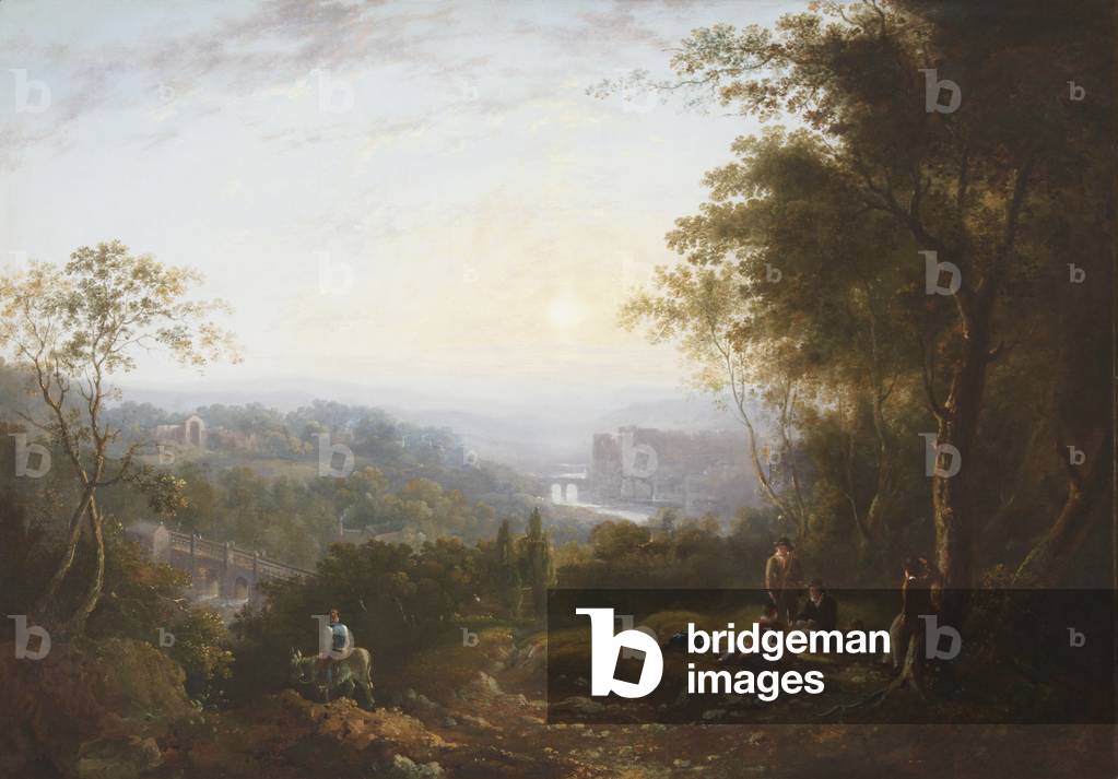 A River Landscape with Two Bridges, a Ruined Abbey, Castle and Boys in a Wood