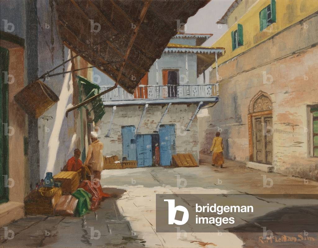 A street scene in Zanzibar (oil on board)