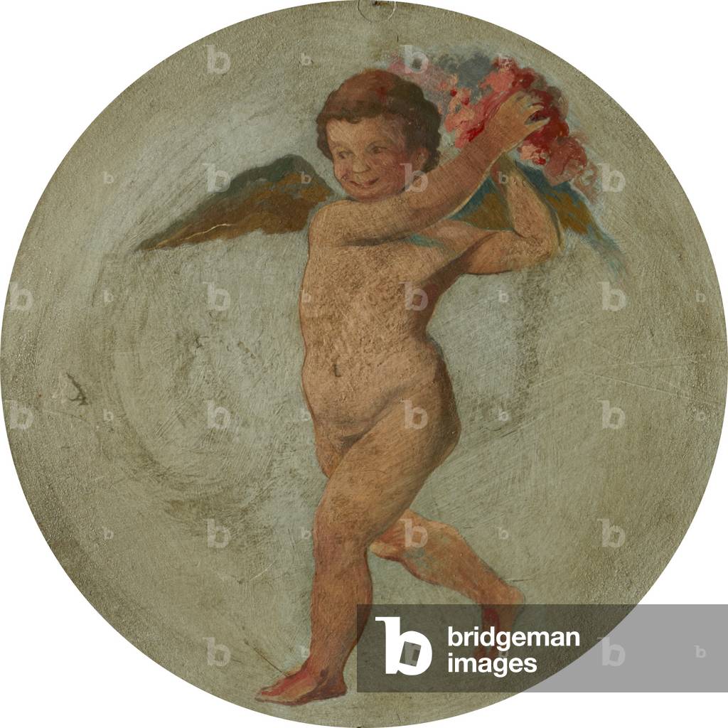 Putto Flying and Holding up Flowers (oil on canvas)