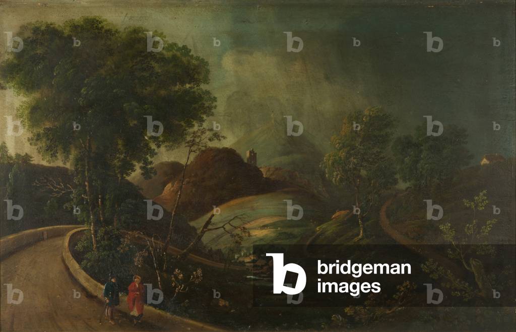 Landscape with two figures on a road (oil on panel)