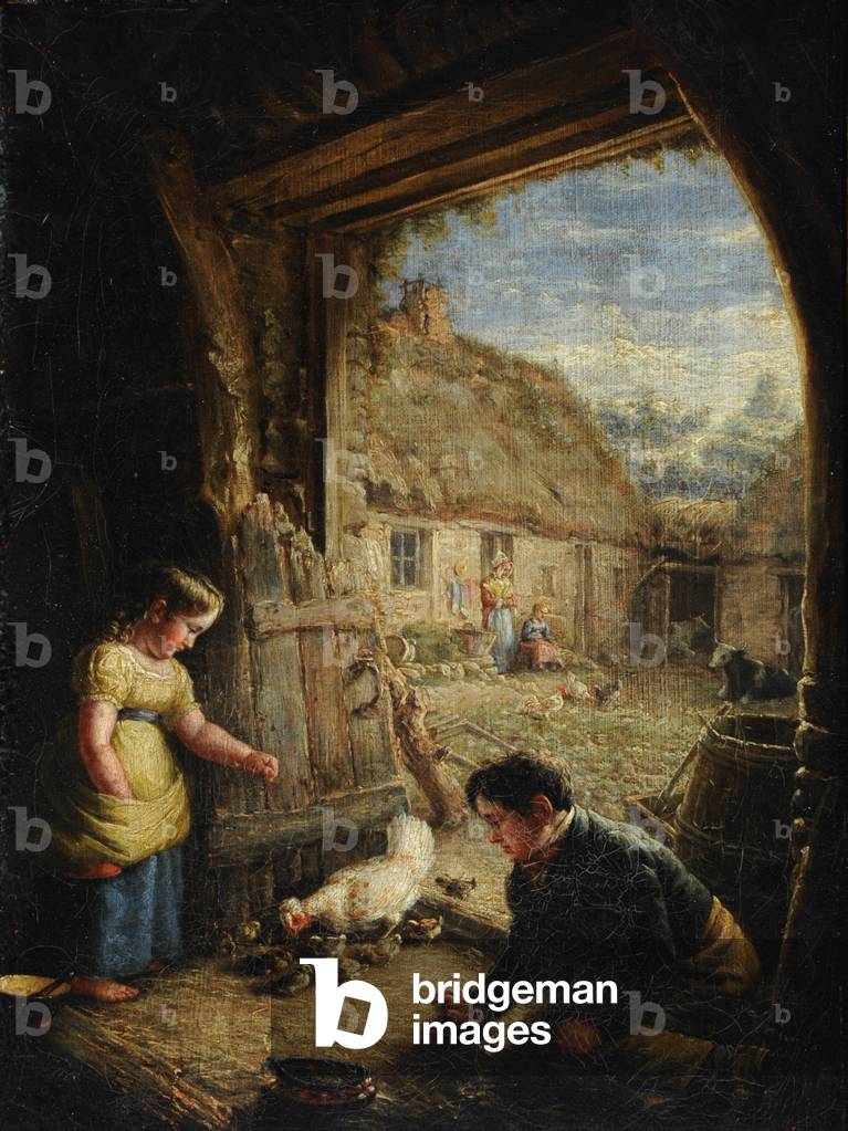 Two Children feeding Chickens