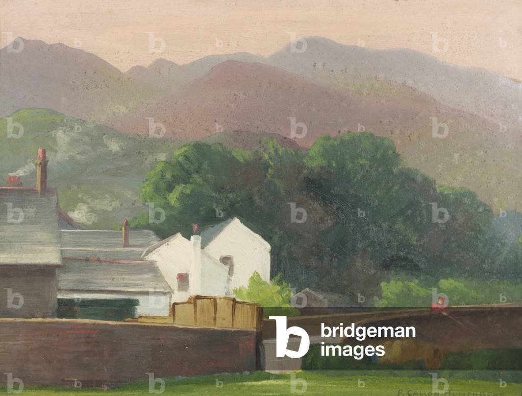 Landscape with Man fishing off a Bridge (oil on canvas)