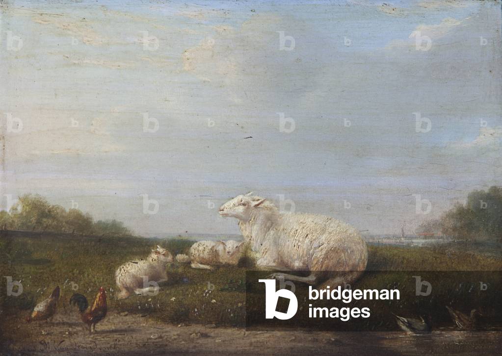 A Ewe and Two Lambs with Poultry in a Landscape, 1863 (oil on panel)