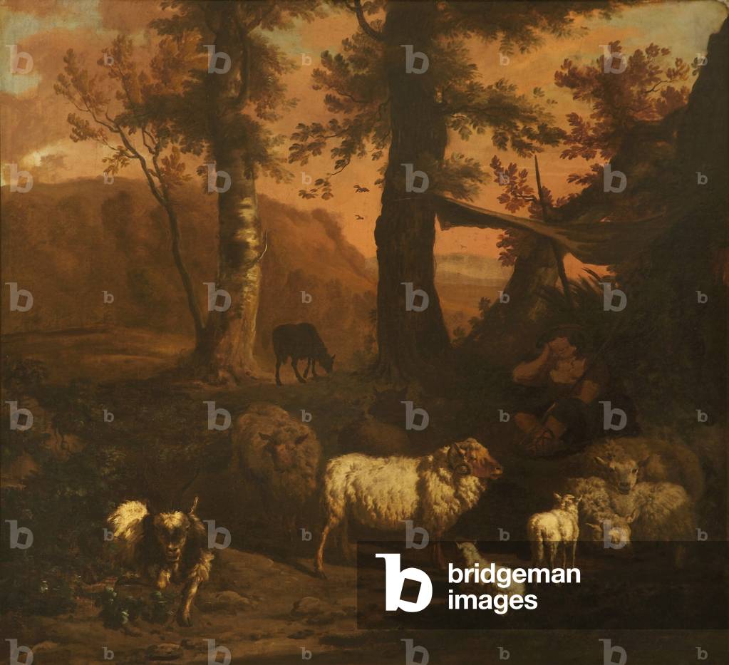 A Landscape with a Shepherd under an Awning surrounded by Sheep and a Goat