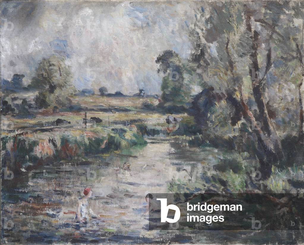 Country Landscape with Children playing in a River (oil on canvas)