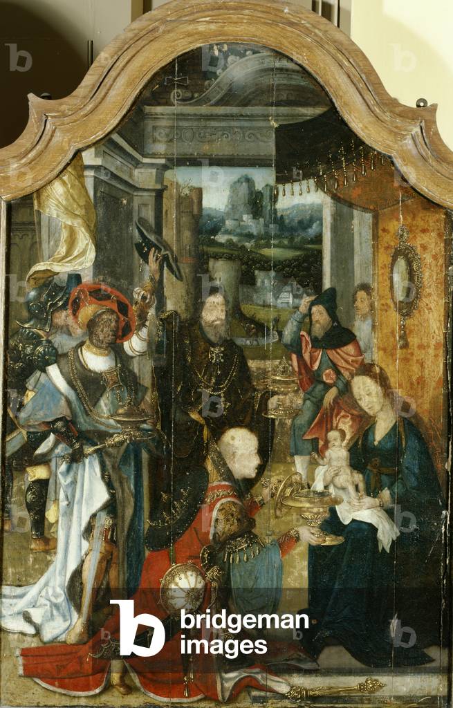 Detail of the central panel of a triptych depicting the birth of Jesus and the adoration of the three Kings