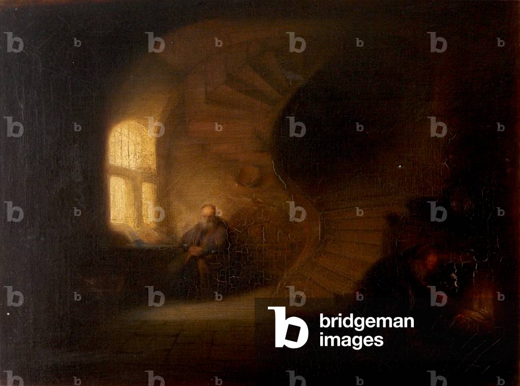 Old Scholar in a Room with a Spiral Stair and Maid stoking Fire (after Rembrandt)