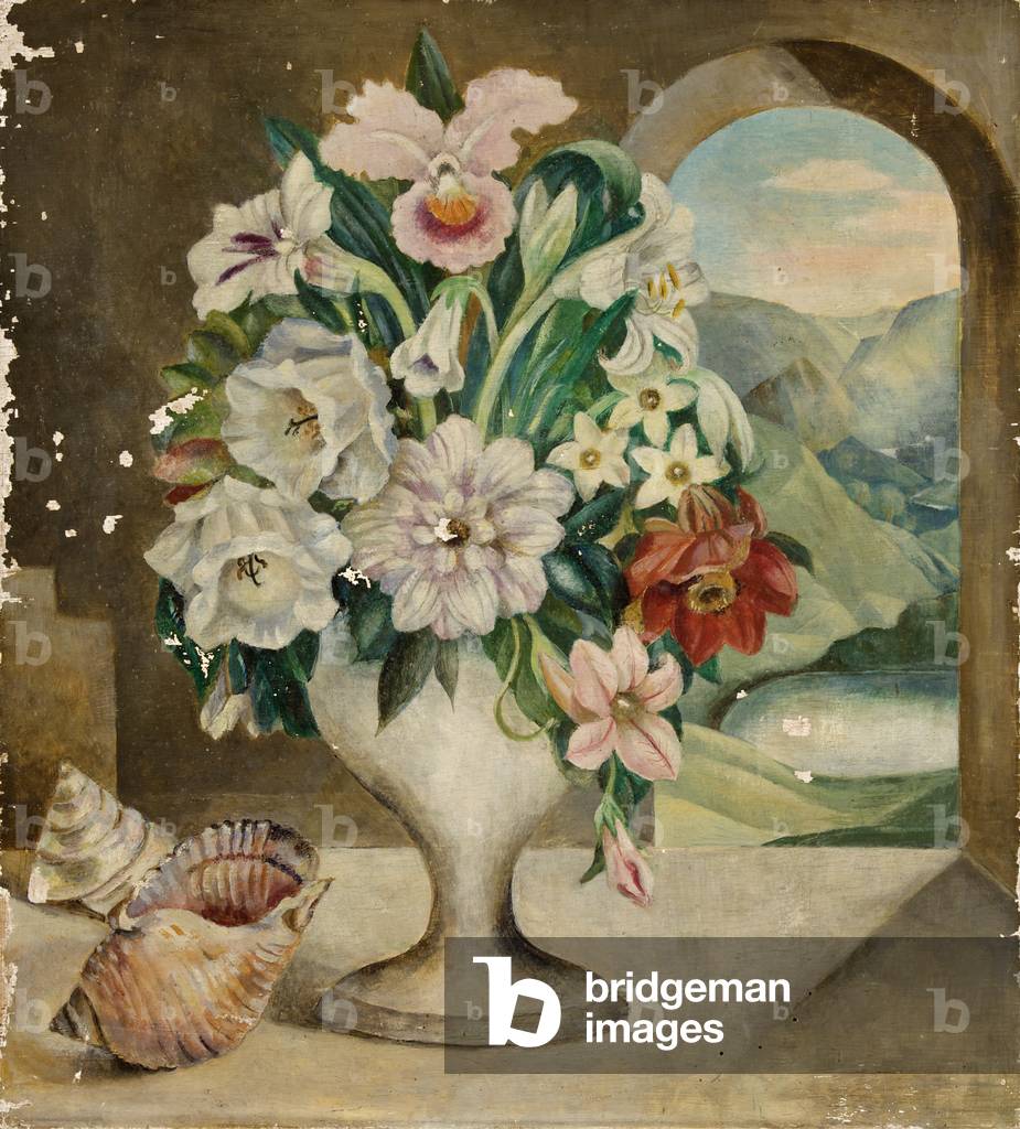 Still Life of Flowers in a Vase with Seashells, and a Mountain View