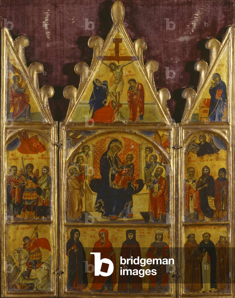 The Madonna and Child adored by Saints Peter and Paul and Four Angels; with the Crucifixion and Annunciation; Evangelical Beasts; and Fourteen other Saints (oil & gold paint on wood)
