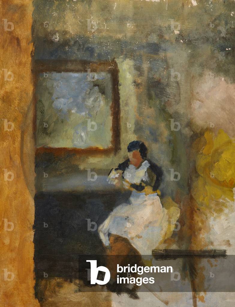 An Unknown Lady in a White Apron, sitting by a window (oil on canvas board)