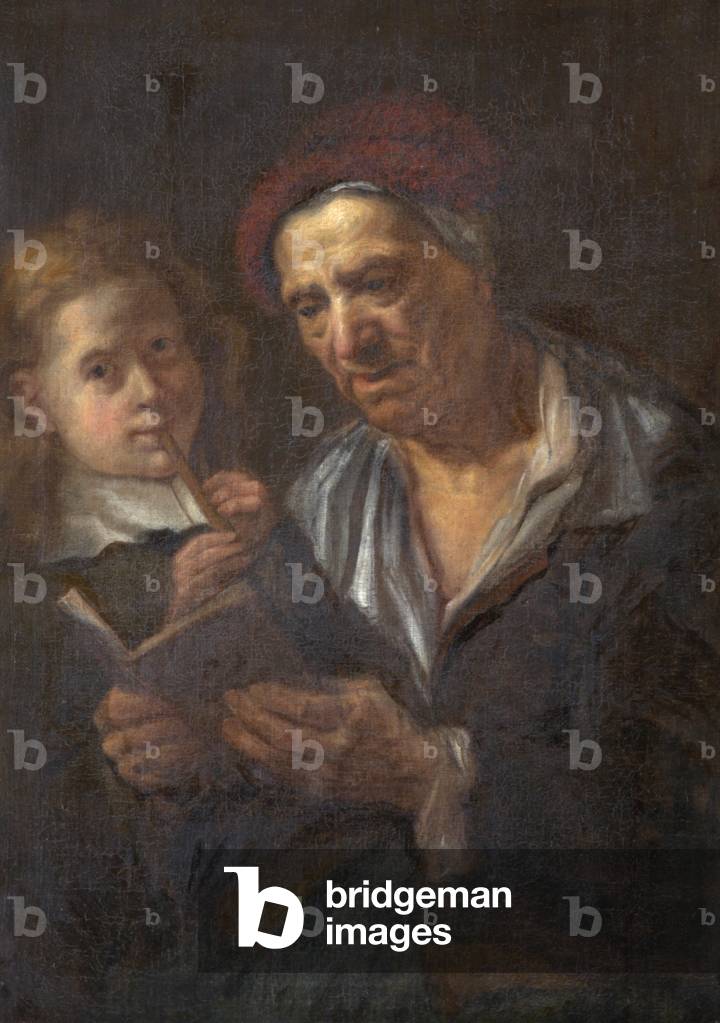 An old man with an open book and a child playing the flute (oil on canvas)