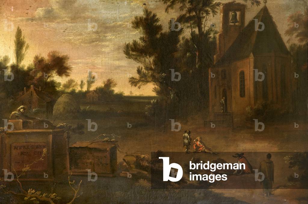 A Wooded Landscape with a Churchyard and Gravediggers