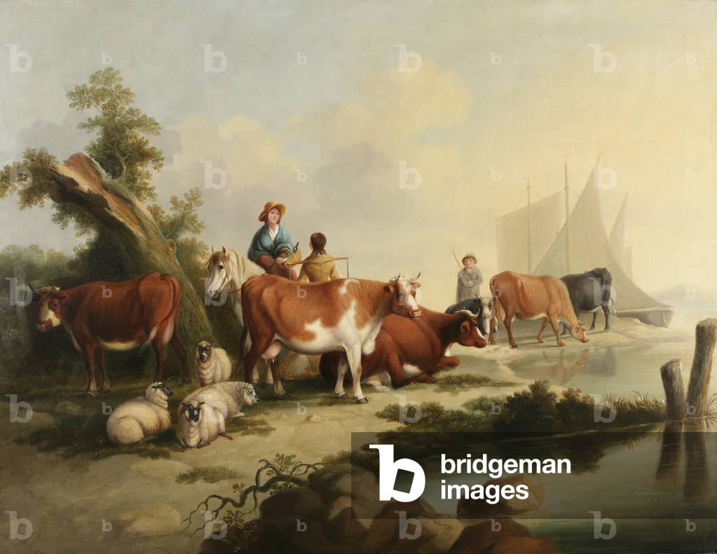 River landscape with people, animals and boats (oil on canvas)