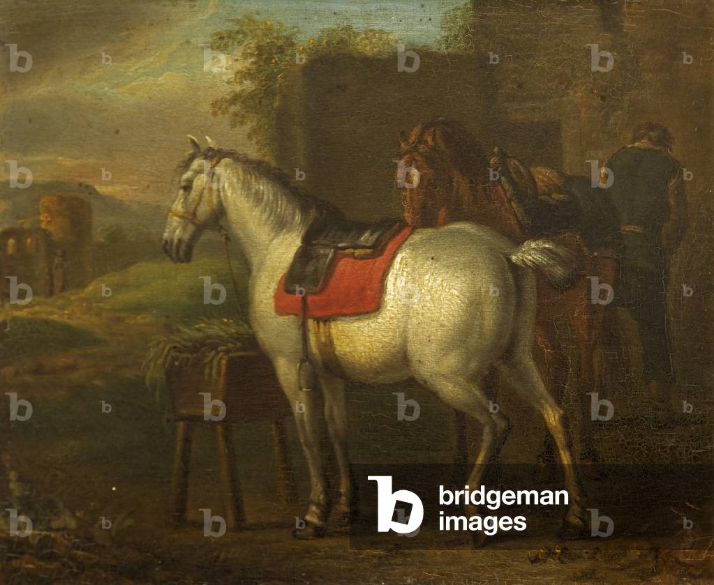 Two Horses by a Stable