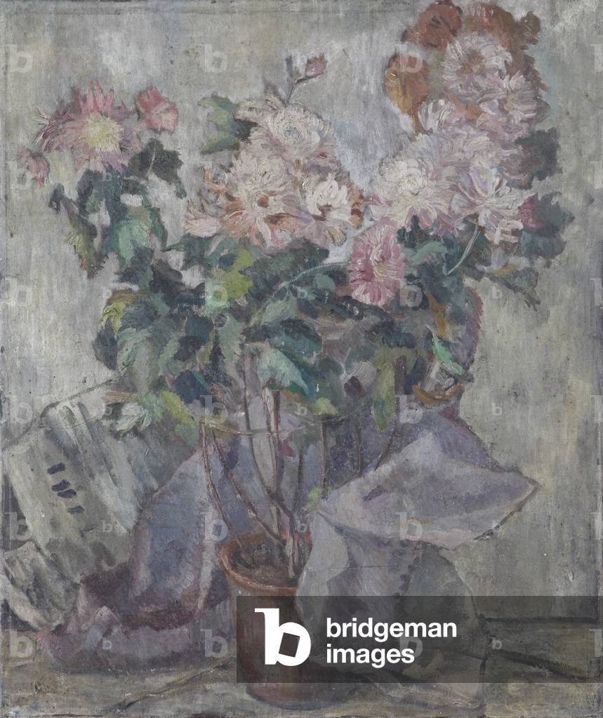A Vase with Pink Flowers (oil on canvas)