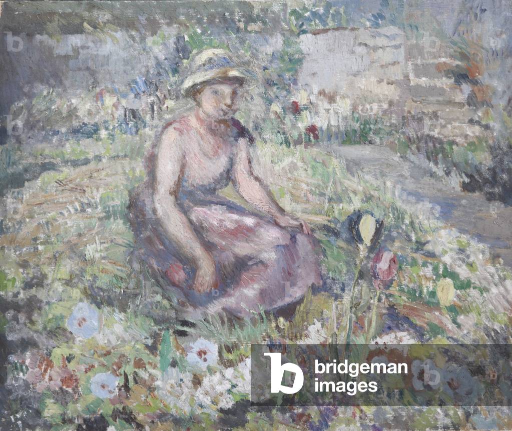A Woman Sitting amongst Flowers (oil on board)