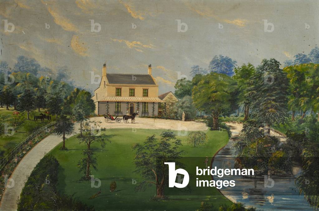 View of a House with Garden, Pond, Horse and Carriage