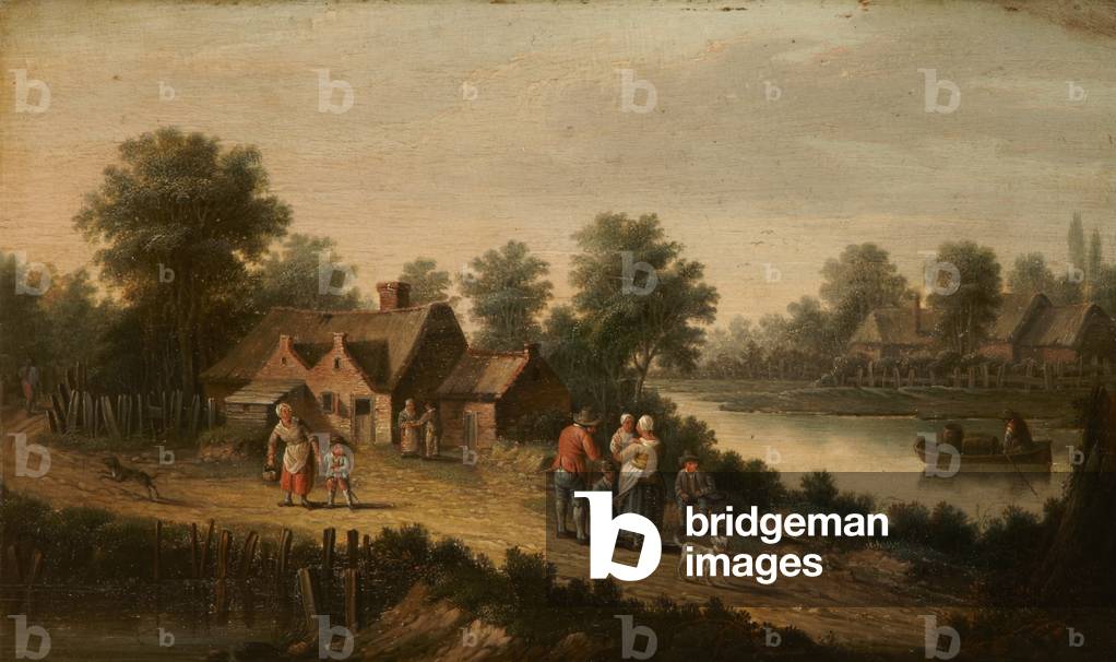 A river landscape with figures in a boat and others in the foreground, mid 18th century (oil on panel)