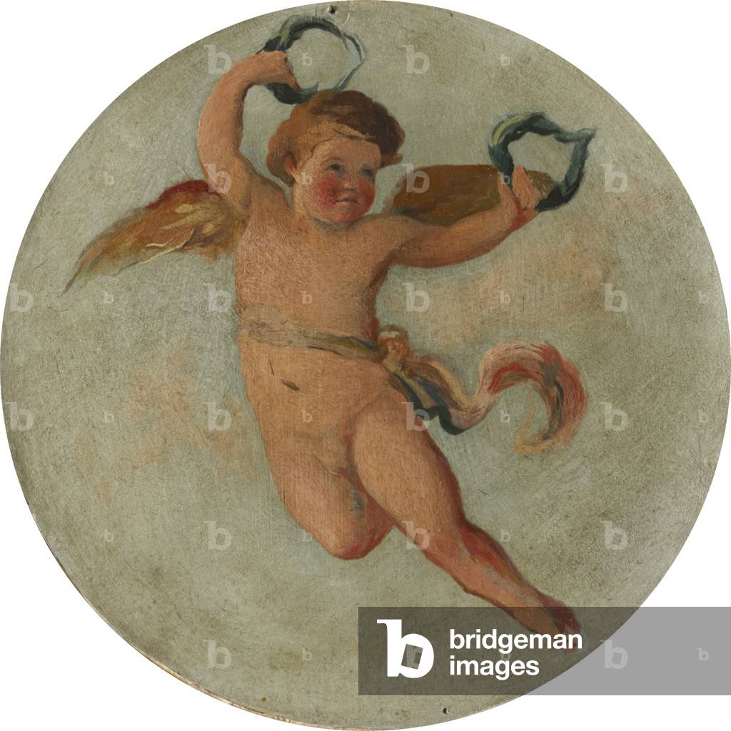 Putto flying with two Laurel Wreaths (oil on canvas)