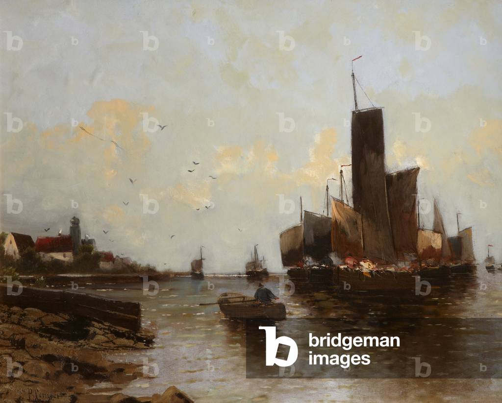 A ship and small boats at harbour (oil on canvas)