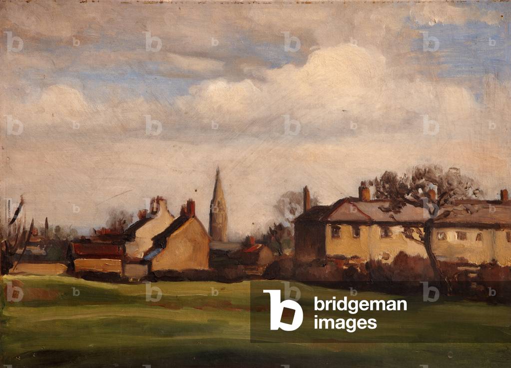 Village Green with Church Spire (oil on board)