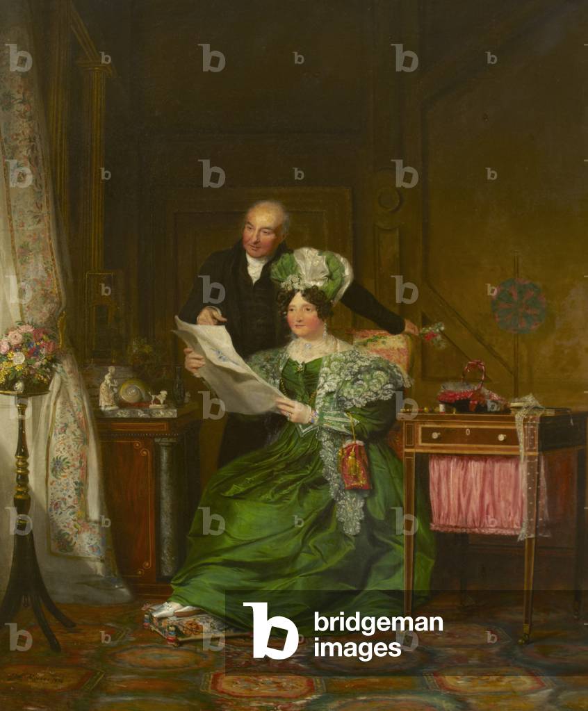 A Lady and a Gentleman admiring Drawings of Flowers in an Interior