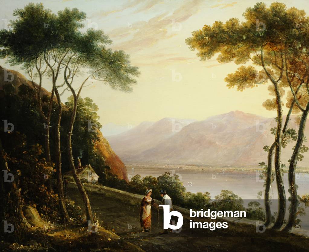 Landscape of a Lake with Distant Mountains and a Man and a Woman conversing on a Road