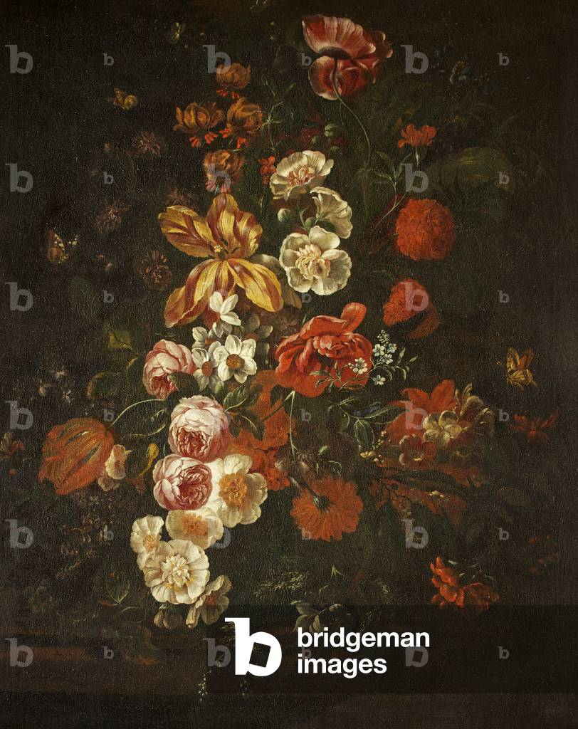 An Arrangement of Tulips and Roses on a Stone Ledge with a Swallowtail Butterfly (oil on canvas)