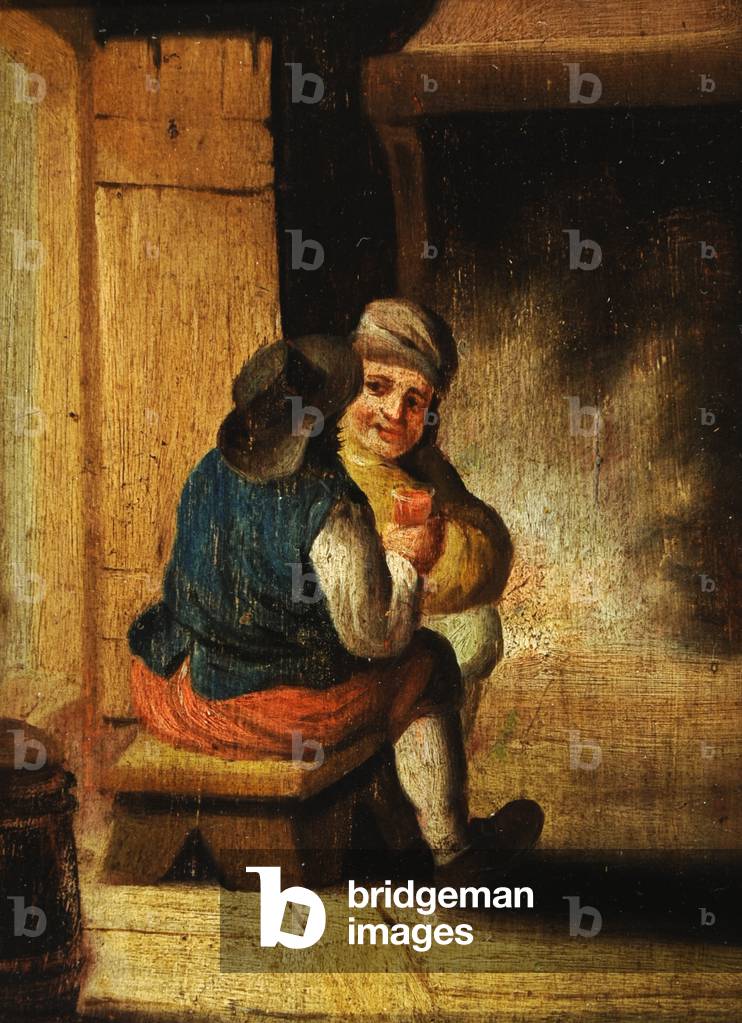 Two Men Seated on a Bench Drinking (oil on panel)