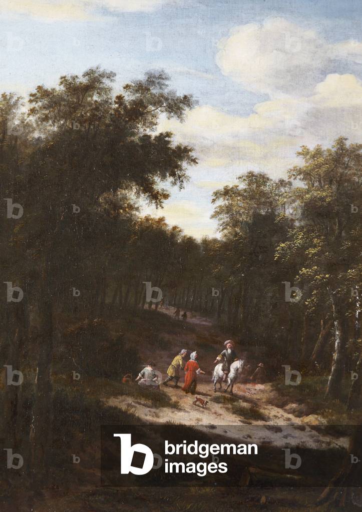 Rustics on a road in woodland (oil on canvas)