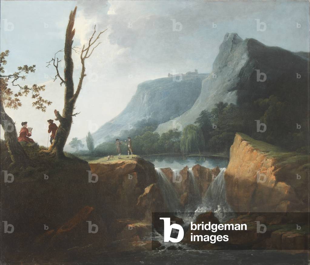 Wooded River Landscape with Elegant Figures by a Waterfall