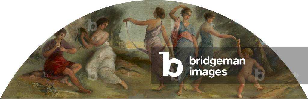 Dancing Maidens playing a Tambourine with Putto and a Piping Boy (oil on canvas)