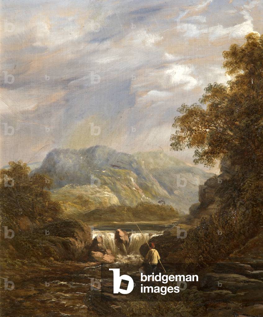 A Mountainous Wooded River Landscape with an Angler
