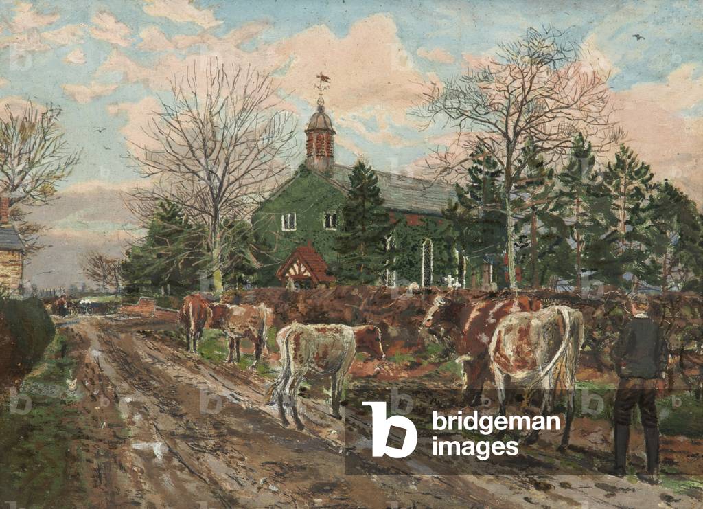 A Boy herding Cows outside a Church