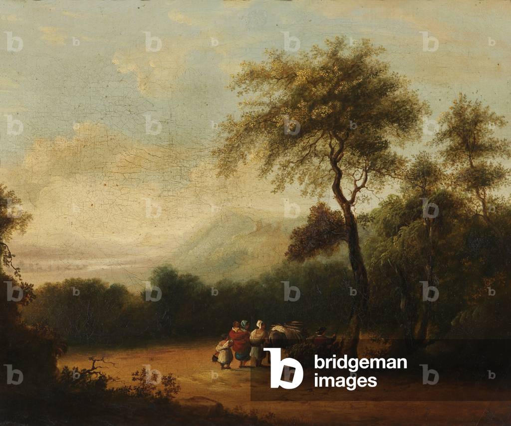A wooded landscape with four figures and a horse on a road under a tree, early 19th century (oil on canvas)