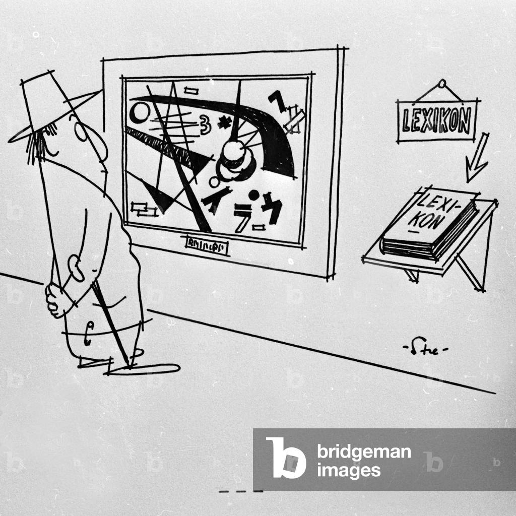 Cartoon: an encyclopedia beside a painting of modern art, Germany 1960s