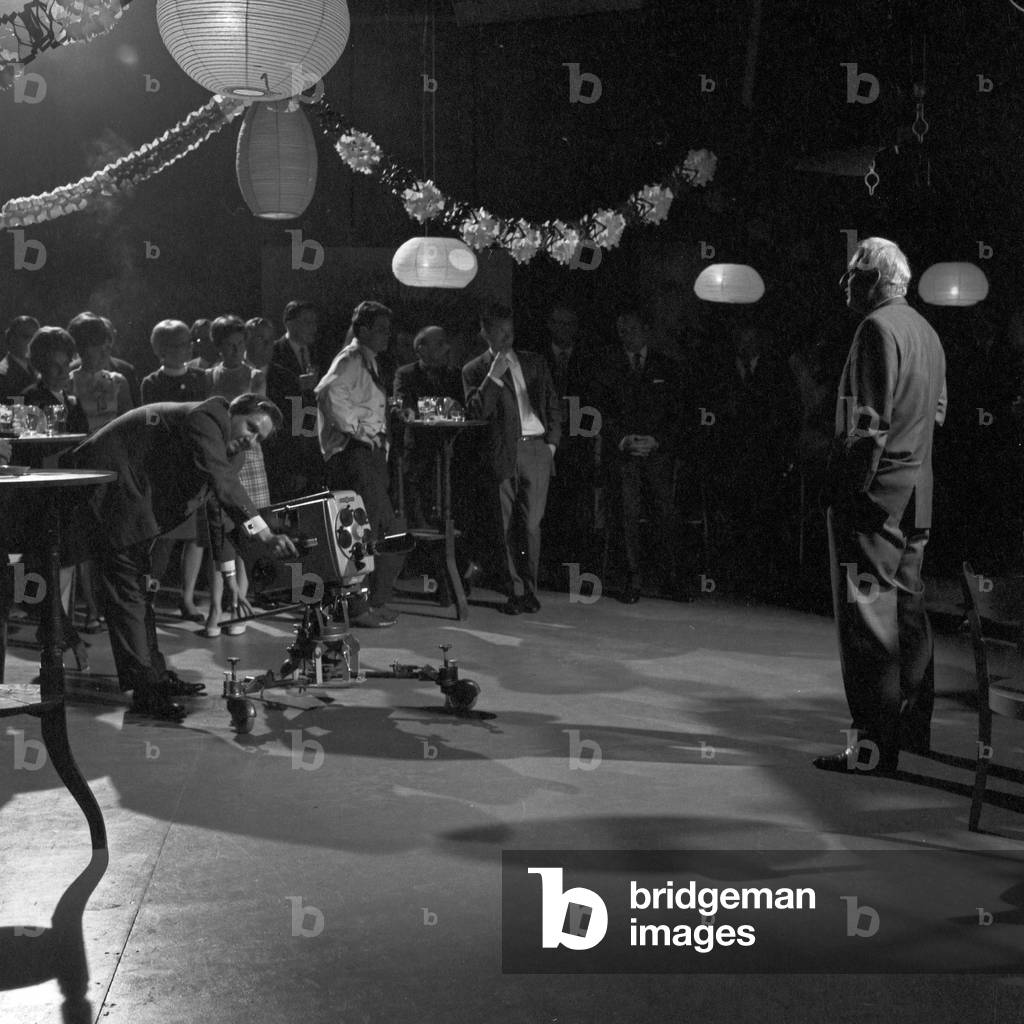 Scientist professor Heinz Haber (right) at a party in TV studio A1, Germany 1960s